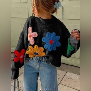 Colorblock Floral Embroidered Sweater Pullover, Casual Long Sleeve Mock Neck